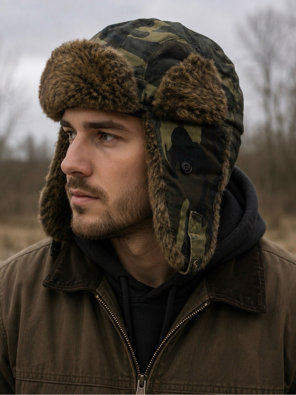 Rivington & Mott Fur Trapper Cozy Hat Camo Strap with Ear Flaps